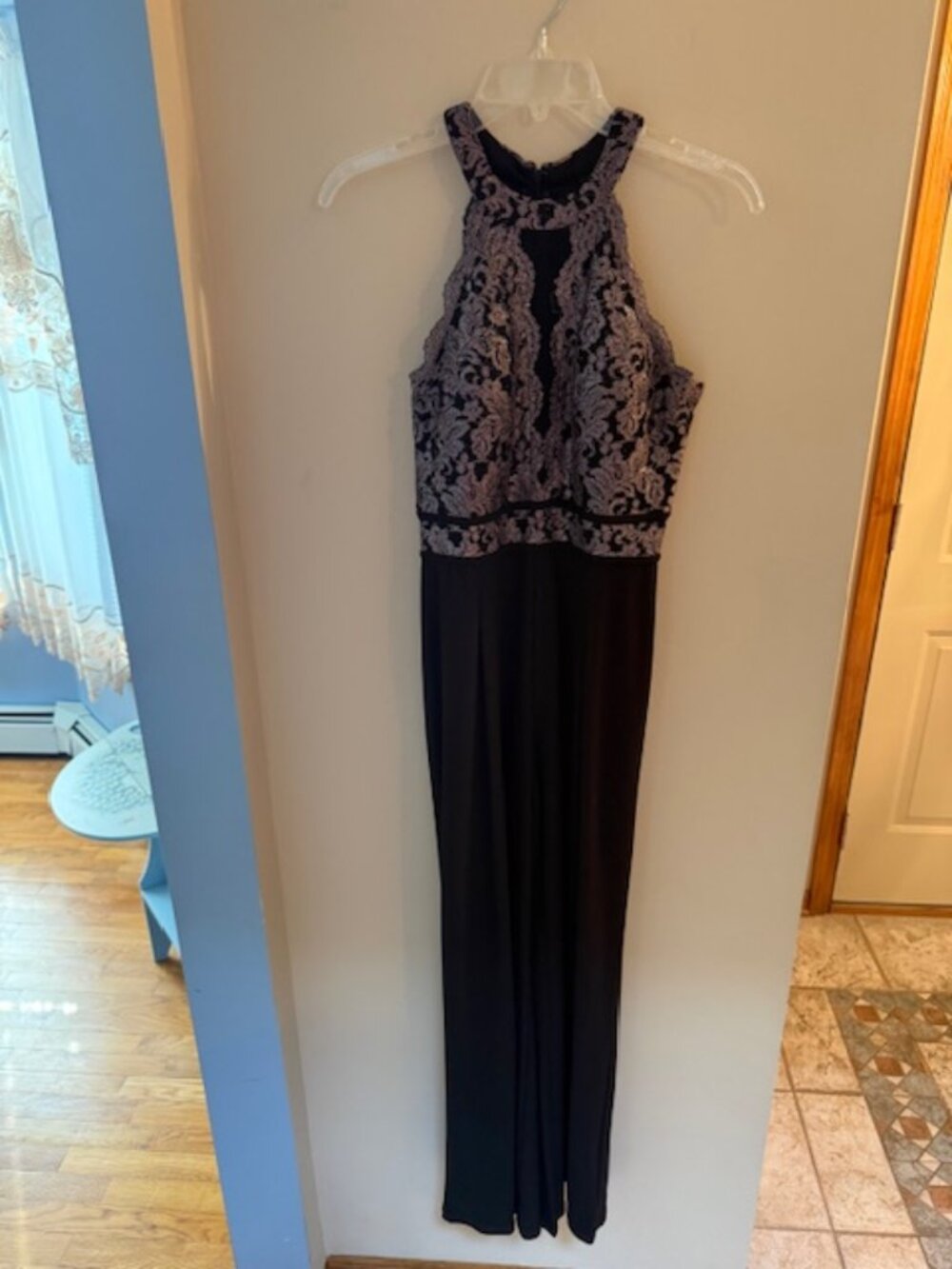 Morgan & Co Women's Black/Gold Lace High Neck Tailored Pantsuit - Size 6